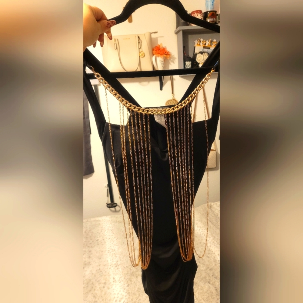 Black Ruched Dress w/ Attached Bodychain